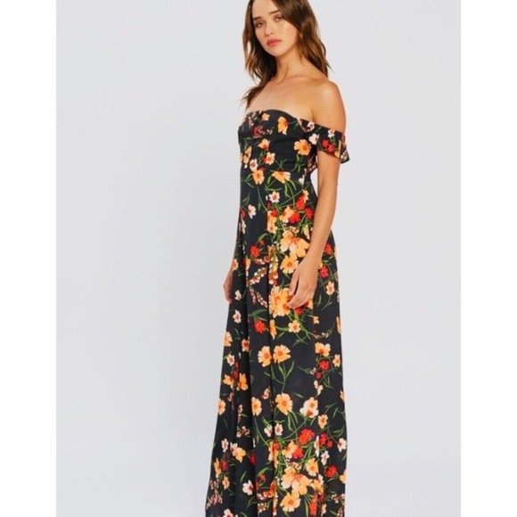 FLYNN SKYE Floral Maxi Dress Lost Poppy Poppies Off Shoulder Cut-Out ~ XS ~ EUC - Picture 4 of 12